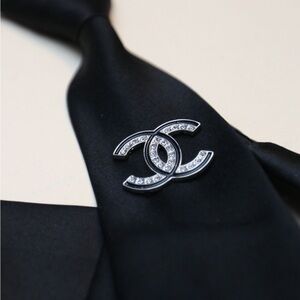 Black Tie Pin with Silver Crystal Double-C Emblem